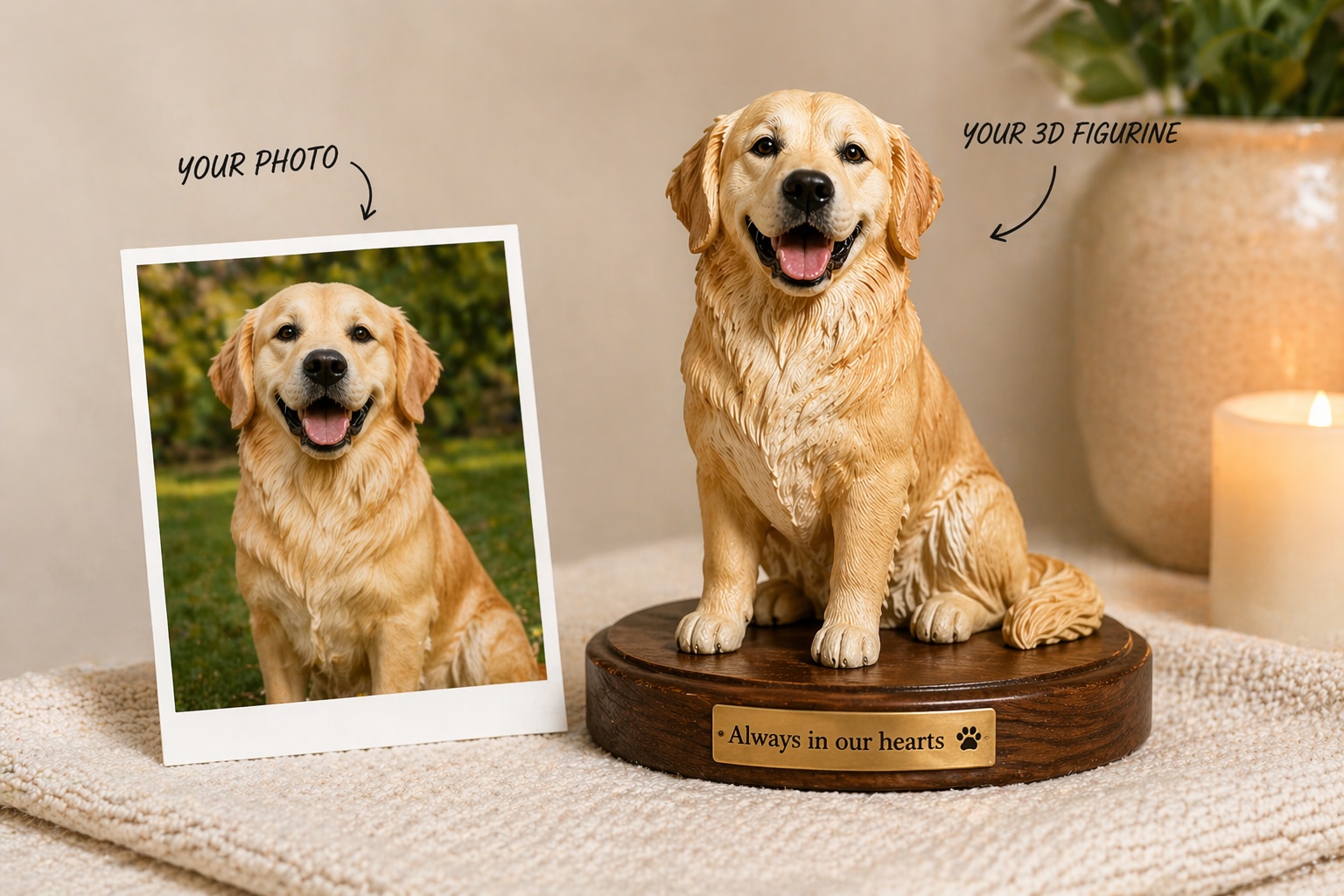 Pet photo next to its custom 3D figurine